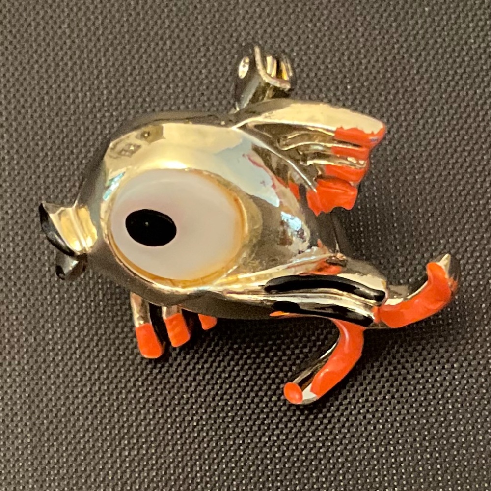 Gold Tone Metal, Orange and Black Enamel Mother of Pearl Fish Pin